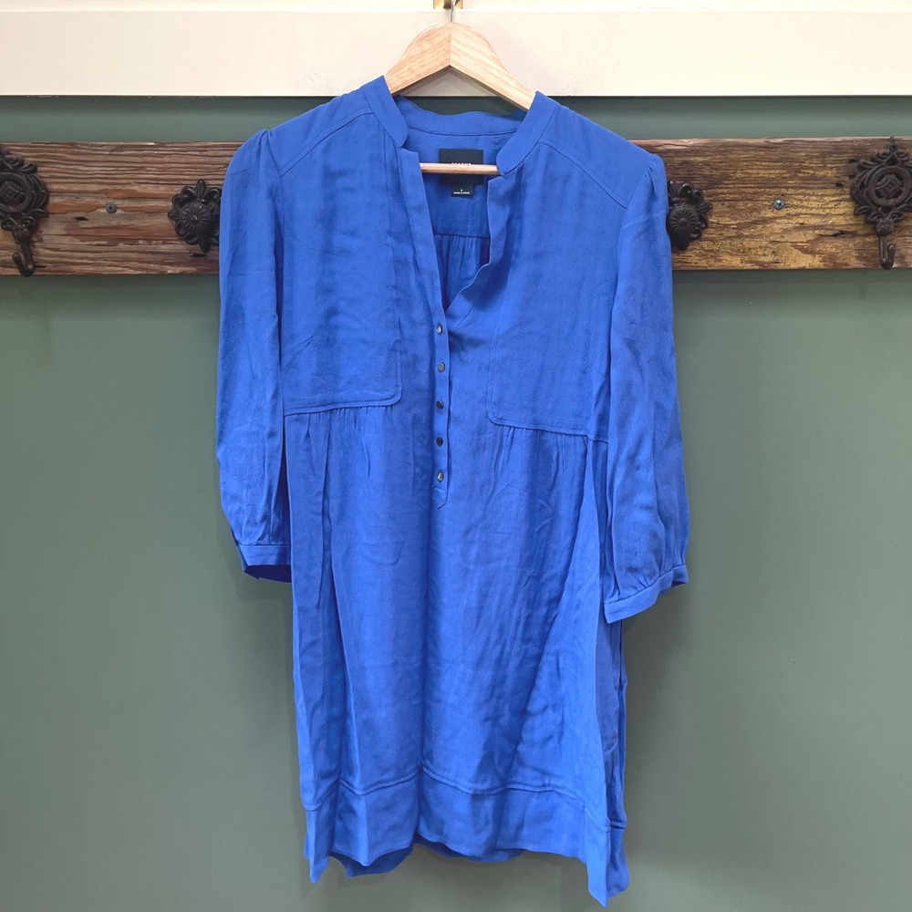 Maeve Anthropologie Blue Tunic Dress Womens 8 3/4 Sleeve Babydoll Split Neck